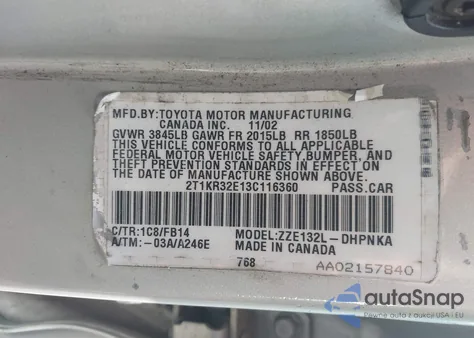 2003 Toyota Matrix Xr из США, поврежденный, VIN 2T1KR32E13C116360